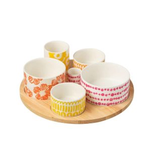 SET OF 6 APPETIZER SET+BAMBOO TRAY IN BOX CERAMIC MIX