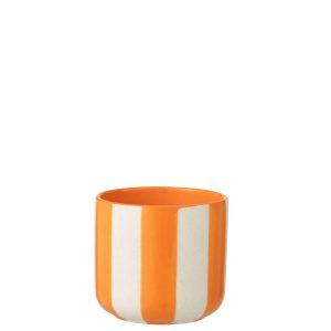 FLOWERPOT STRIPED CERAMIC ORANGE/WHITE MEDIUM