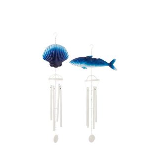 WIND CHIME FISH/SHELL IRON BLUE/WHITE ASSORTMENT OF 2