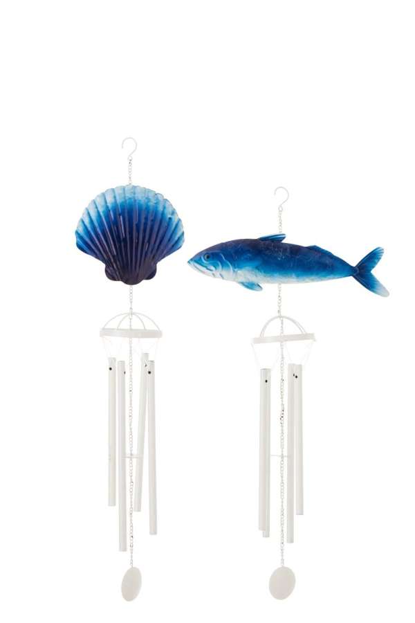 WIND CHIME FISH/SHELL IRON BLUE/WHITE ASSORTMENT OF 2