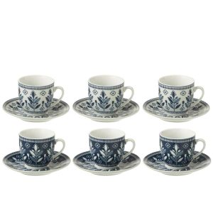 BOX OF 6 COFFEE CUP+SAUCER LEAVES CERAMICS DARK BLUE