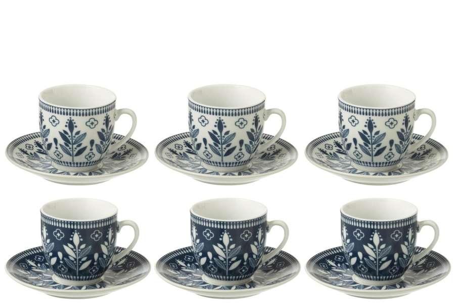 BOX OF 6 COFFEE CUP+SAUCER LEAVES CERAMICS DARK BLUE