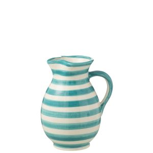 PITCHER GRANADA STRIPES CERAMIC WHITE/AQUA MEDIUM
