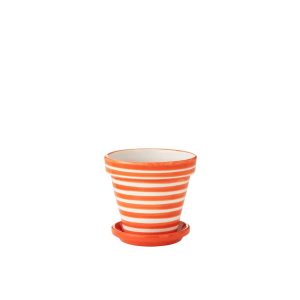 FLOWERPOT+PLATE GRANADA STRIPES HANDMADE/HANDPAINTED CERAMIC ORANGE/WHITE MEDIUM