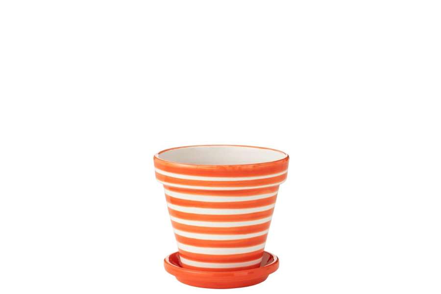 FLOWERPOT+PLATE GRANADA STRIPES HANDMADE/HANDPAINTED CERAMIC ORANGE/WHITE MEDIUM