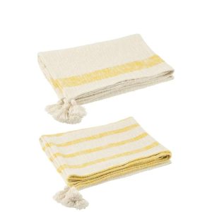 PLAID STRIPES+TASSELS COTTON WHITE/YELLOW ASSORTMENT OF 2