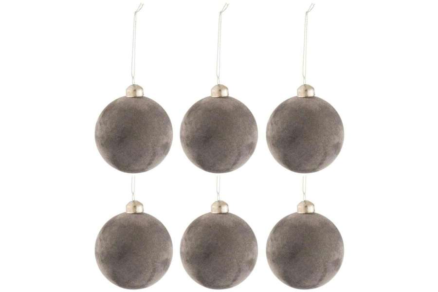 BOX OF 6 CHRISTMAS BAUBLES VELVET GLASS GREY SMALL