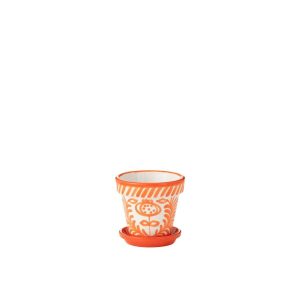 FLOWERPOT+PLATE GRANADA HANDMADE/HANDPAINTED CERAMIC ORANGE/WHITE SMALL