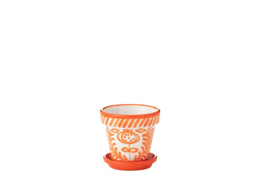 FLOWERPOT+PLATE GRANADA HANDMADE/HANDPAINTED CERAMIC ORANGE/WHITE SMALL