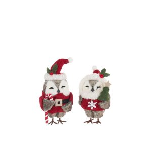 OWL DECO POLYESTER BROWN/CHRISTMAS RED ASSORTMENT OF 2