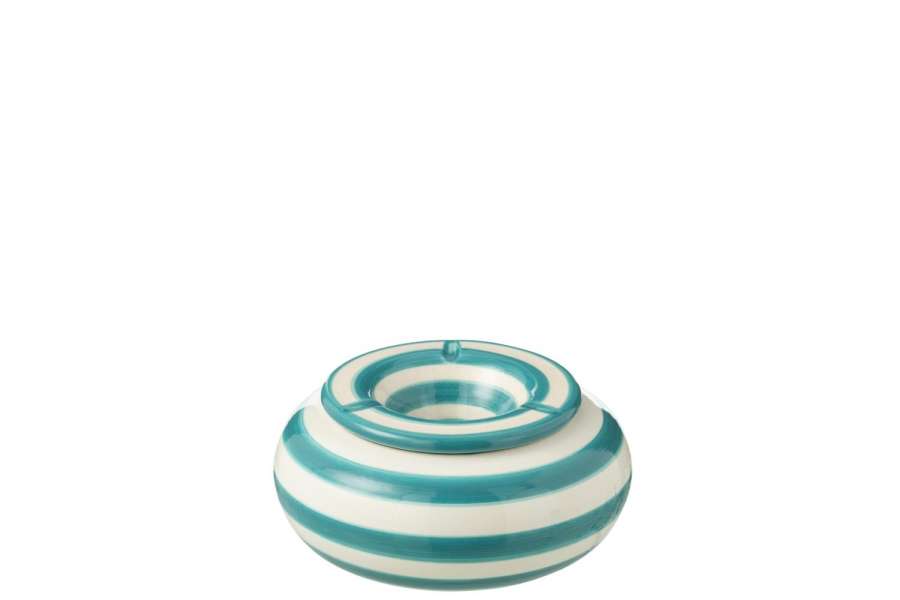 ASHTRAY GRANADA STRIPES CERAMIC WHITE/AQUA LARGE