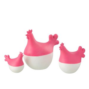 SET OF 3 ROOSTERS POLYRESIN WHITE/PINK
