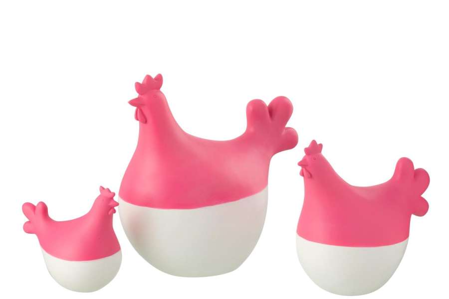 SET OF 3 ROOSTERS POLYRESIN WHITE/PINK