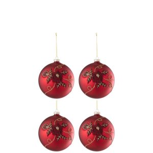 BOX OF4 CHRISTMAS BAUBLE FLOWER GLASS RED SMALL