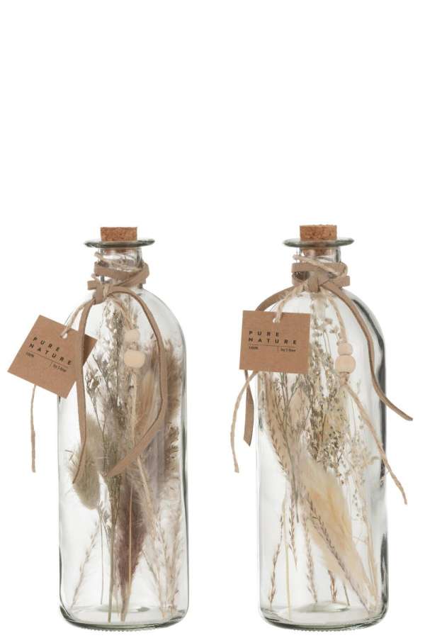 BOTTLES WITH DRIED FLOWERS GLASS NATURAL LARGE ASSORTMENT OF 2