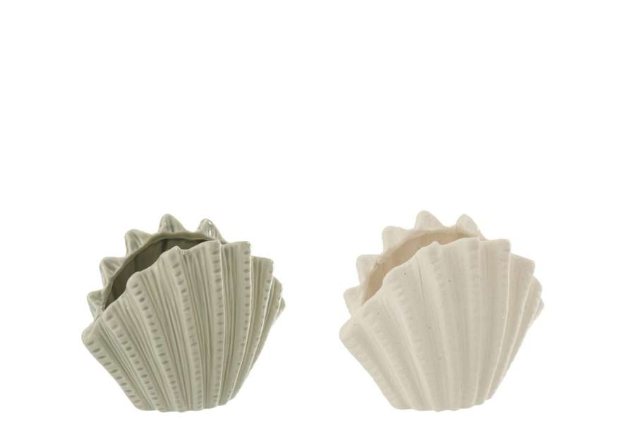 VASE SHELL STONEWARE WHITE/OLIVE SMALL ASSORTMENT OF 2
