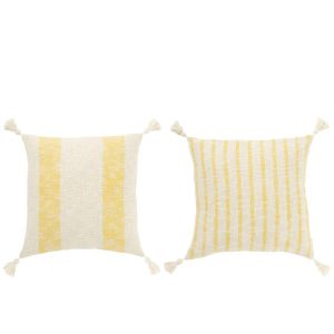 CUSHION SQUARE STRIPES+TASSELS COTTON WHITE/YELLOW ASSORTMENT OF 2