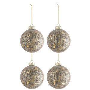 BOX OF 4 CHRISTMAS BAUBLES VELVET GLASS ANTIQUE GREY/GOLD MEDIUM