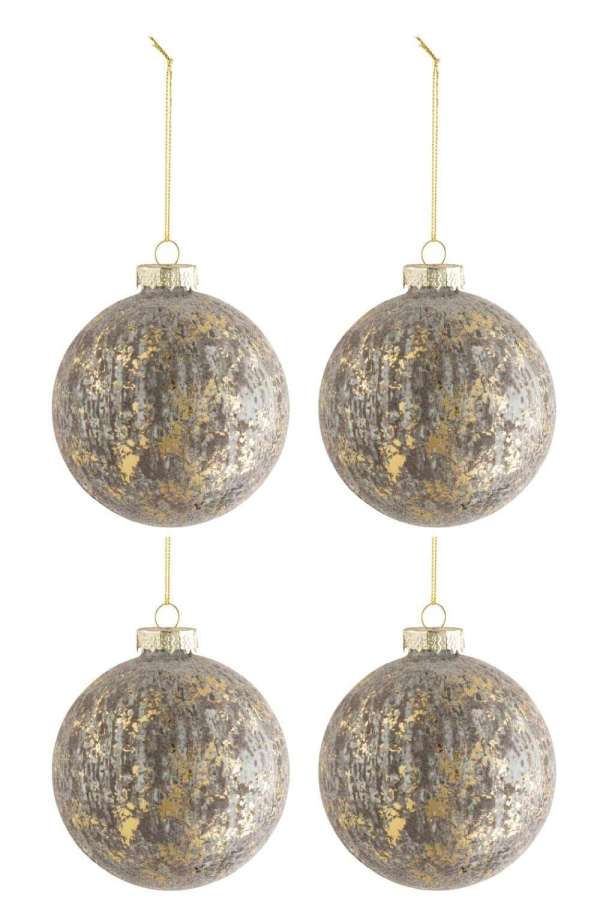 BOX OF 4 CHRISTMAS BAUBLES VELVET GLASS ANTIQUE GREY/GOLD MEDIUM