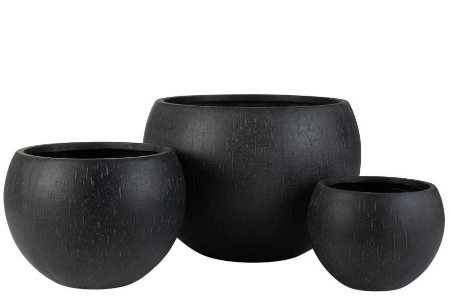 SET OF 3 FLOWERPOTS ROUND CLAY BLACK