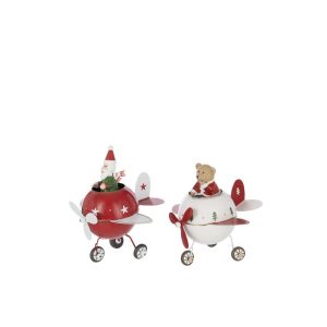 BEAR + SANTA CLAUS IN PLANE METAL CHRISTMAS RED/WHITE LARGE ASSORTMENT OF 2