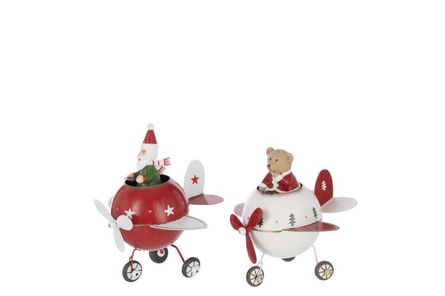 BEAR + SANTA CLAUS IN PLANE METAL CHRISTMAS RED/WHITE LARGE ASSORTMENT OF 2