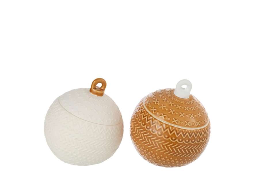 JAR DECORATIVE CHRISTMAS BAUBLE PORCELAIN WHITE/MUSTARD YELLOW ASSORTMENT OF 2