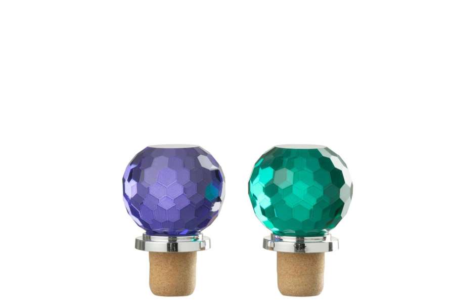 BOTTLE STOPPER BALL GLASS BLUE/DARK GREEN ASSORTMENT OF 2