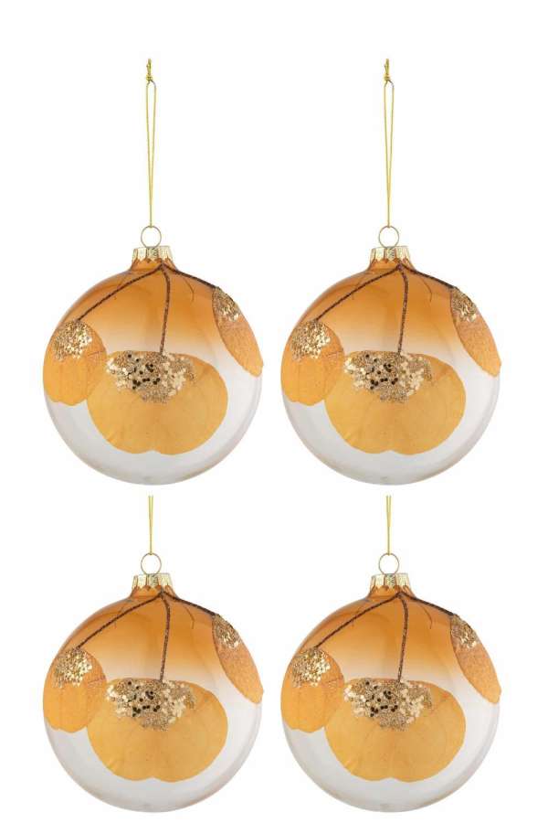 BOX OF 4 CHRISTMAS BAUBLES DRIED LEAF OCHRE+GLITTER GLASS TRANSPARENT MEDIUM