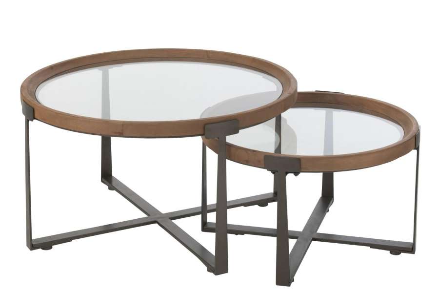 SET OF 2 COFFEE TABLES LUKI GLASS/FIR WOOD NATURAL/BLACK