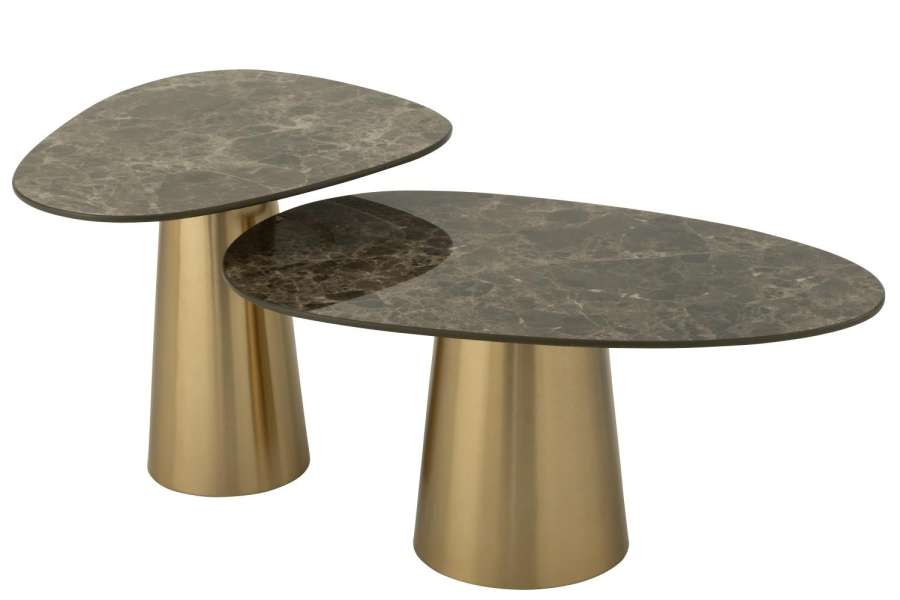 SET OF 2 SIDE TABLE MARBLE EFFECT IRON BRONZE COLORED/TAUPE