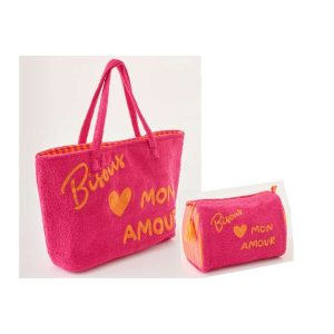 SET OF 2 BEACH BAG BISOUS COTTON PINK/ORANGE