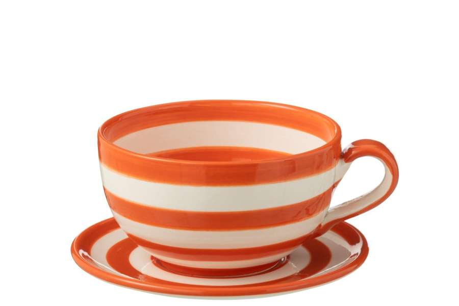 CUP+PLATE GRANADA STRIPES CERAMIC WHITE/ORANGE
