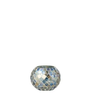TEALIGHT HOLDER MOSAIC GLASS GREY BLUE