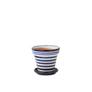 FLOWERPOT+PLATE GRANADA STRIPES HANDMADE/HANDPAINTED CERAMIC COBALTO BLUE/WHITE MEDIUM