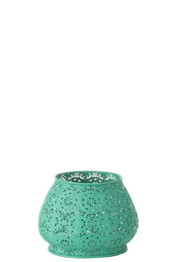 TEALIGHT HOLDER CYLINDER METAL/GLASS CYAN LARGE