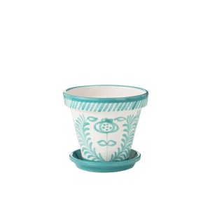 FLOWERPOT+PLATE GRANADA HANDMADE/HANDPAINTED CERAMIC AQUA/WHITE LARGE