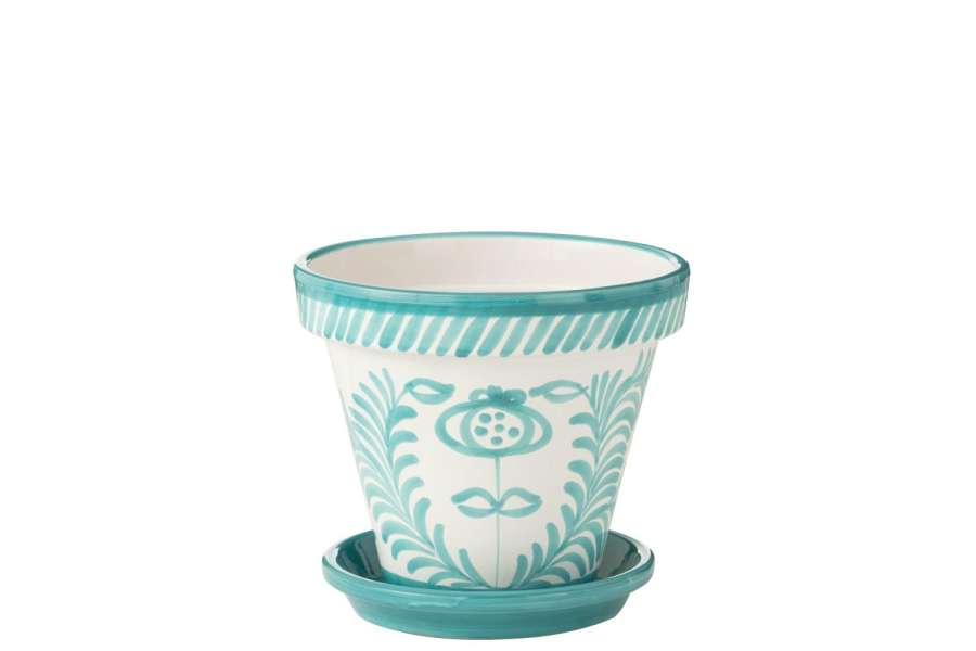FLOWERPOT+PLATE GRANADA HANDMADE/HANDPAINTED CERAMIC AQUA/WHITE LARGE