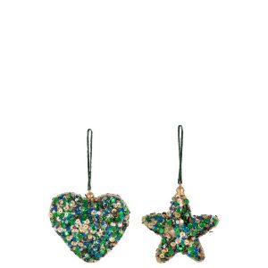 HANGER HEART/STAR SEQUINS GREEN BLUE/GOLD ASSORTMENT OF 2