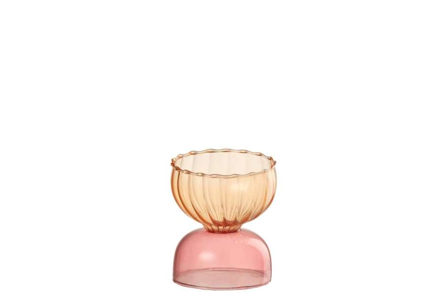 CANDLE HOLDER HALF GLOBES GLASS LIGHT ORANGE/PINK