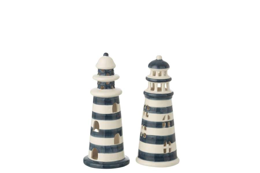 LIGHTHOUSE LED STRIPED PORCELAIN WHITE/BLUE SMALL ASSORTMENT OF 2