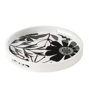 TRAY ROUND WITH HANDLES FLORAL PATTERN MANGO WOOD BLACK/WHITE