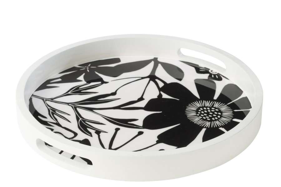 TRAY ROUND WITH HANDLES FLORAL PATTERN MANGO WOOD BLACK/WHITE