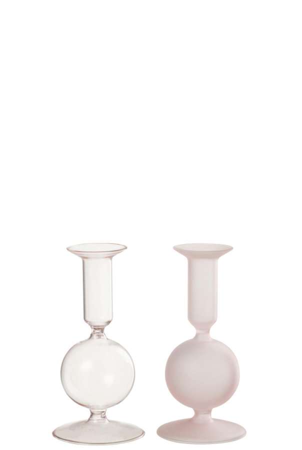 CANDLE HOLDER 1 ORB MATTE/TRANSPARENT GLASS LIGHT PINK ASSORTMENT OF 2
