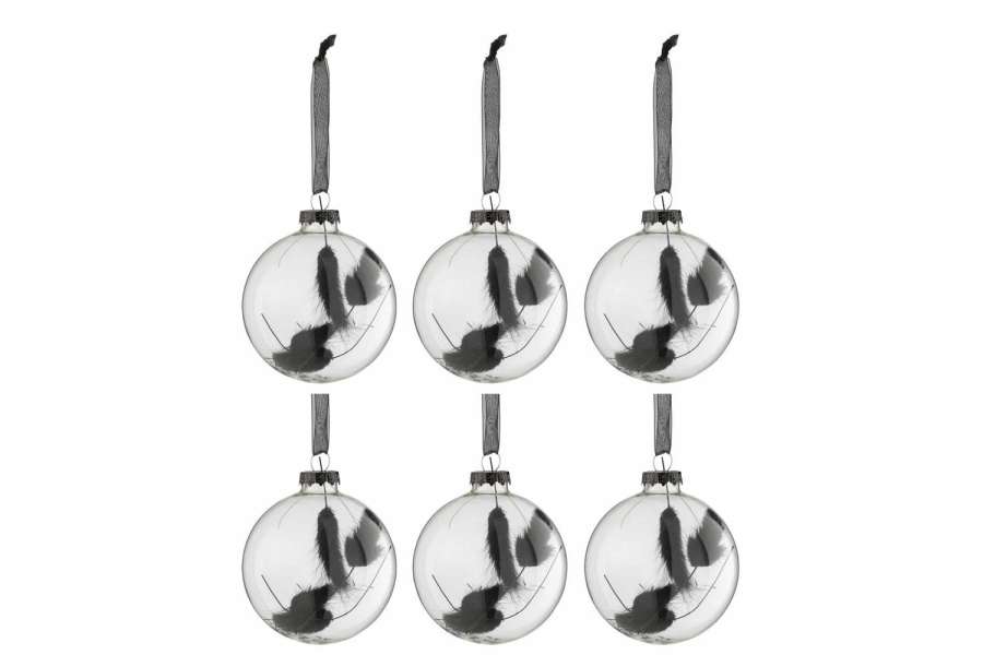 BOX OF 6 CHRISTMAS BAUBLES ROUND DRIED HARETAIL BLACK GLASS TRANSPARENT SMALL