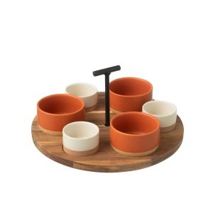 TAPAS SERVICE 6 SETS+WOOD TRAY WINDOWBOX ORANGE/WHITE