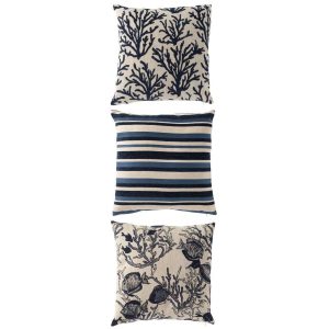 CUSHION CORAL/STRIPES SQUARE POLYESTER BLUE/OFF-WHITE ASSORTMENT OF 3