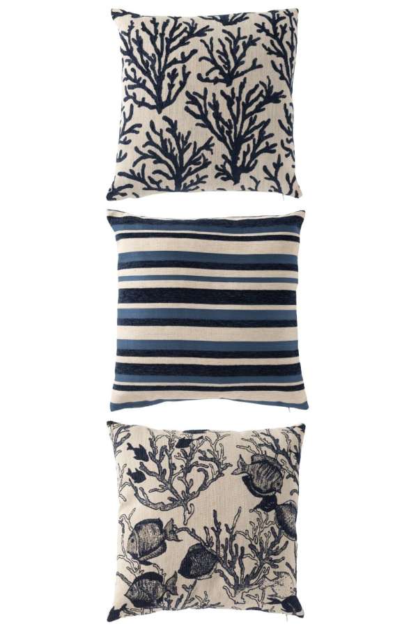 CUSHION CORAL/STRIPES SQUARE POLYESTER BLUE/OFF-WHITE ASSORTMENT OF 3
