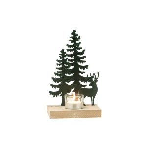 TEALIGHT HOLDER 1 PIECE REINDEER/TREES METAL/WOOD DARK GREEN