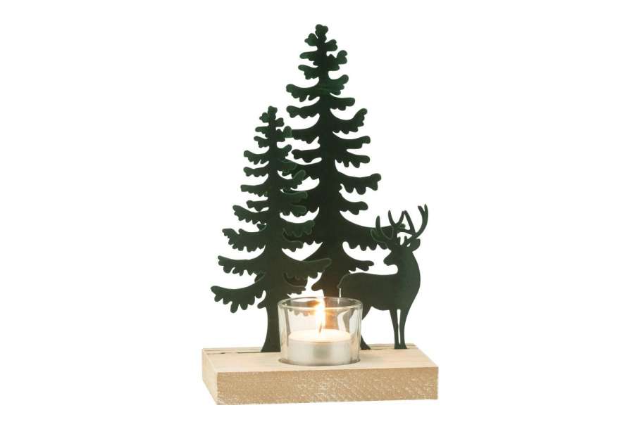 TEALIGHT HOLDER 1 PIECE REINDEER/TREES METAL/WOOD DARK GREEN